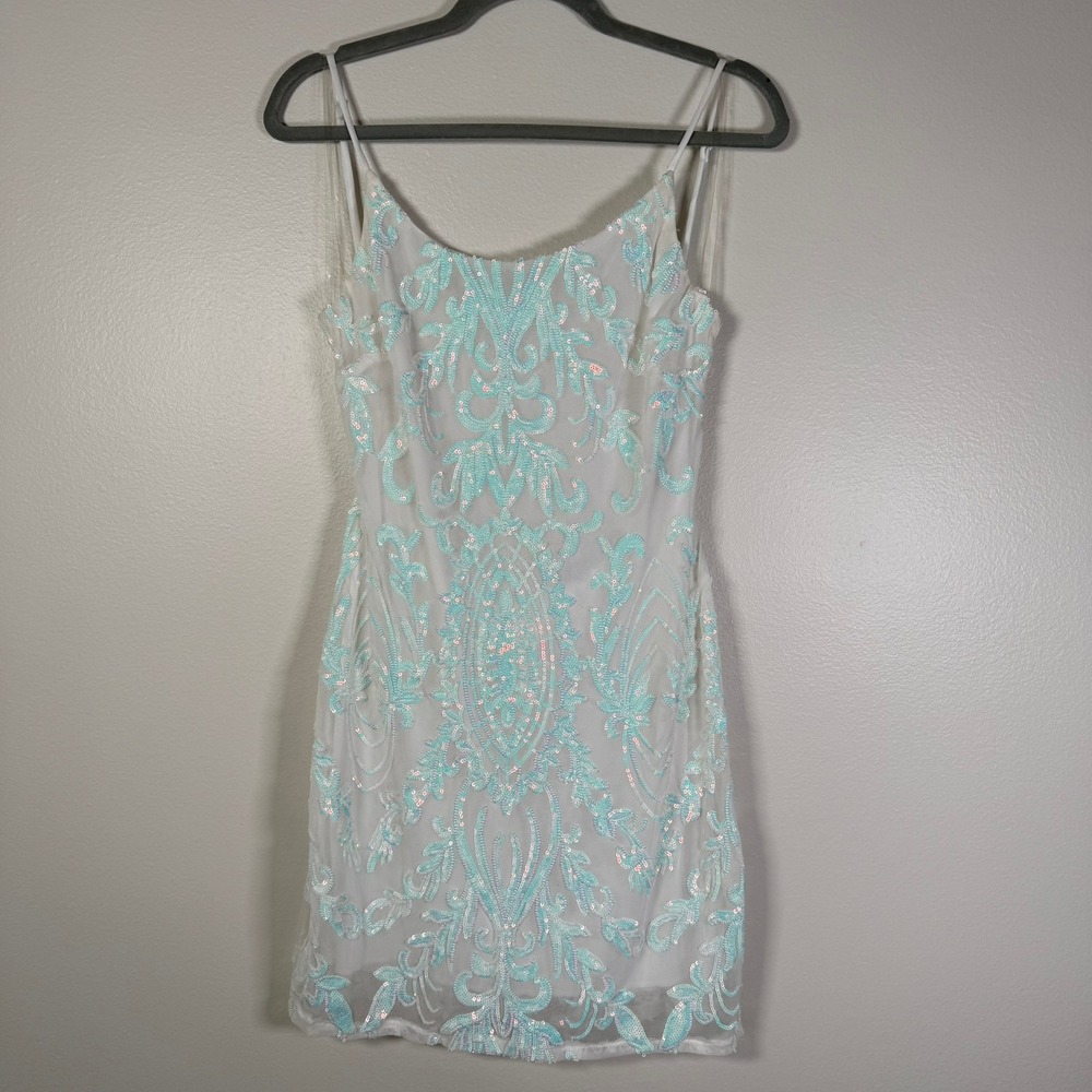 Midnight Doll Sequin Dress Womens Large White Aqua Open Back Mini Bodycon